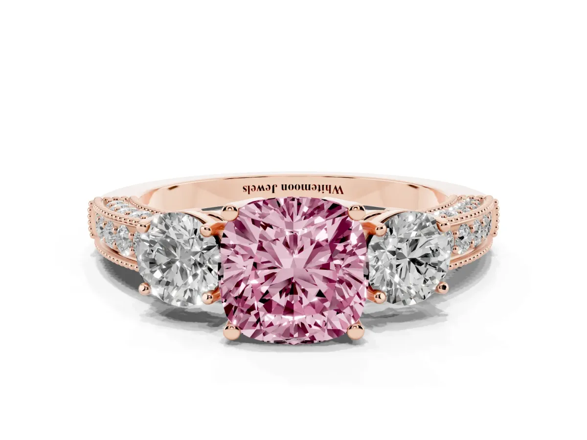 Fancy Pink Cushion Cut Three-Stone Diamond Ring with Pavé Band and Four-Prong Setting Rose gold