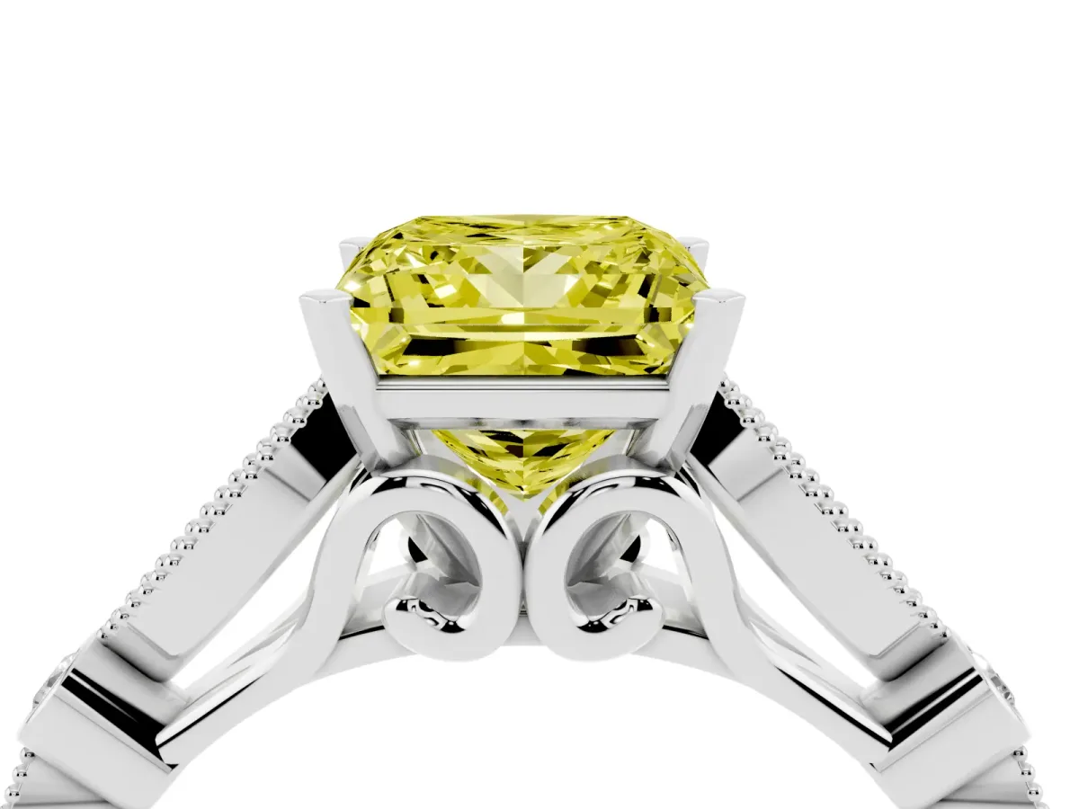 Fancy Yellow Princess Cut Cut Diamond with Milgrain Marquise and Bezel Accents on a Solitaire Band with Prong Setting White gold