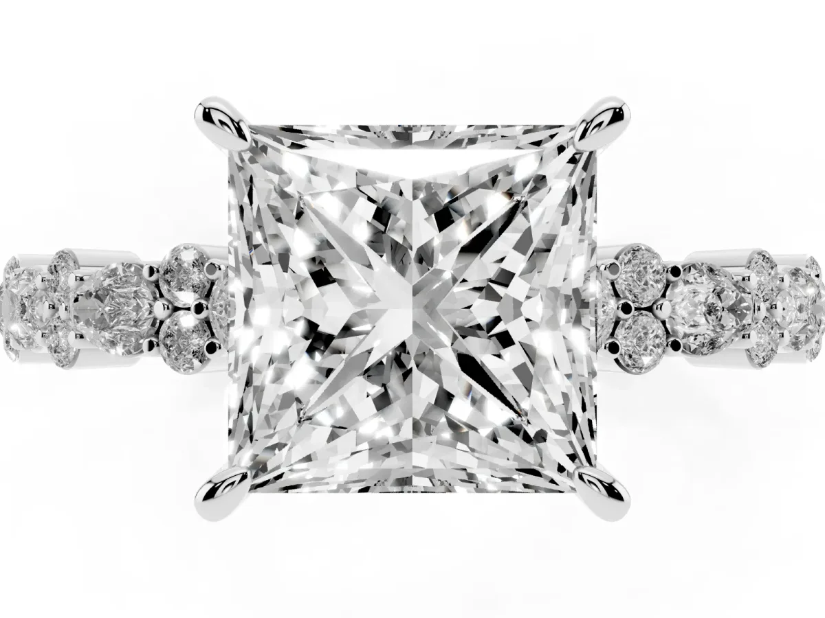 Princess Cut Diamond Side Stone Solitaire Ring with Round and Four-Prong Setting Platinum