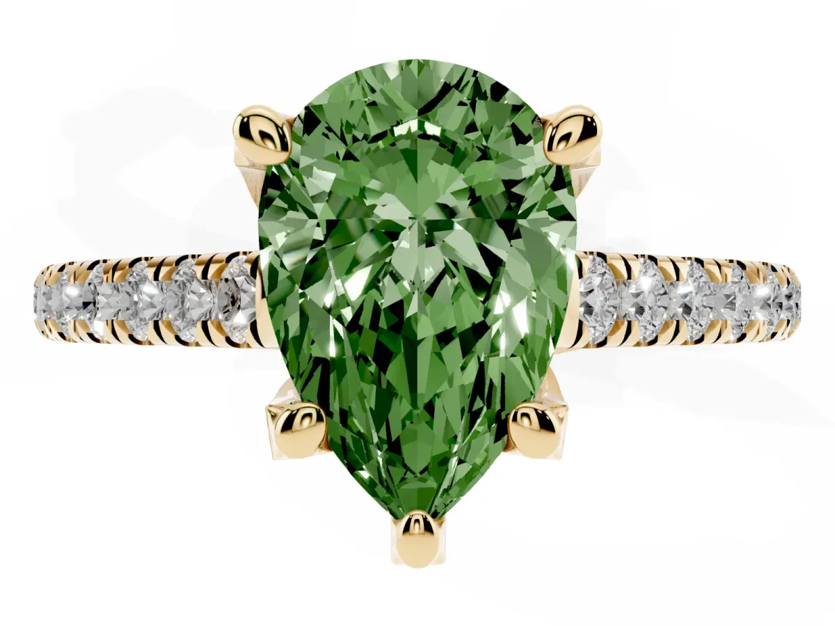 Fancy Green Pear Cut Brilliant Diamond Solitaire with Pavé Band and Four-Prong Setting Yellow gold