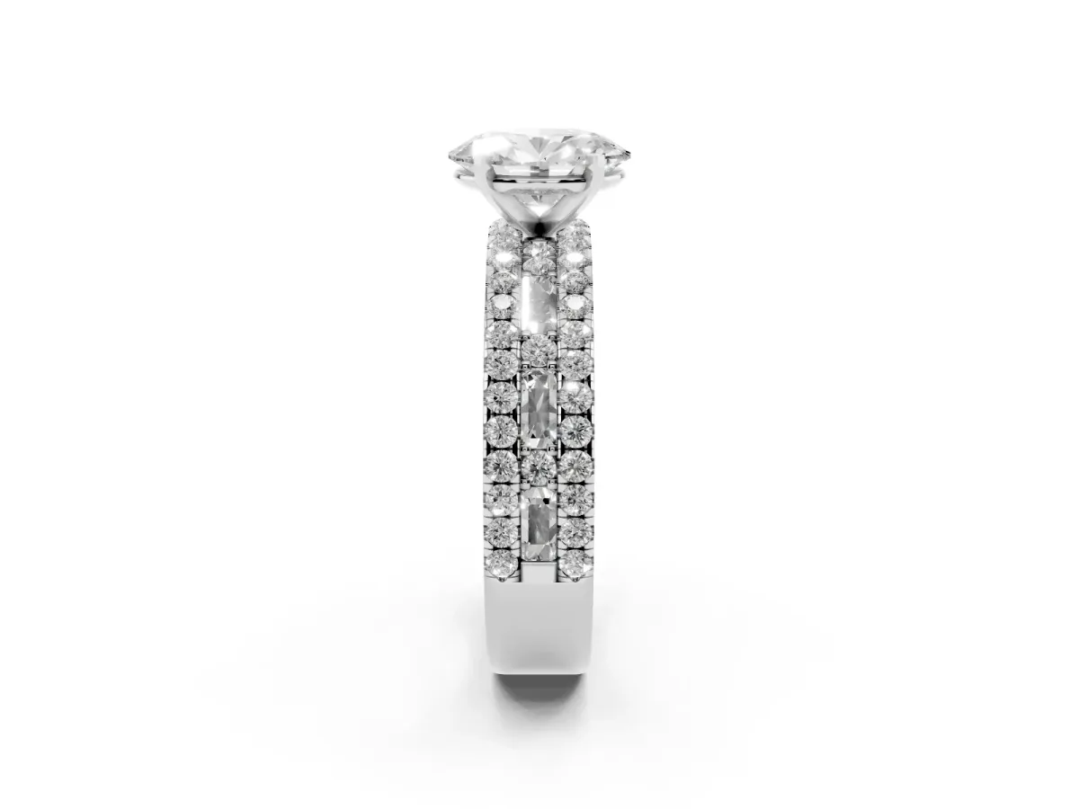 Oval Cut Diamond Solitaire Ring with Pavé and Channel Set Band Silver