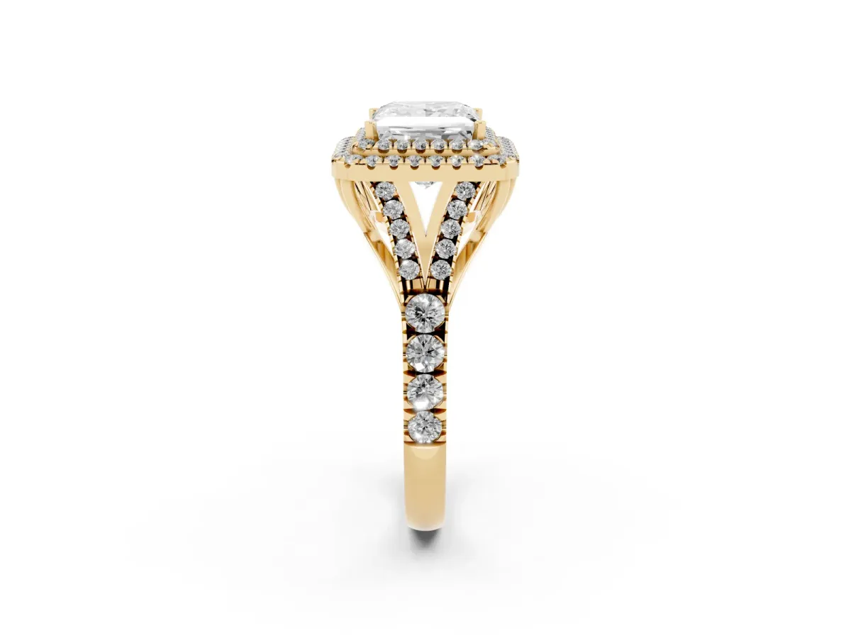 Princess Cut Diamond Pavé Split Shank Double Halo Engagement Ring Yellow gold