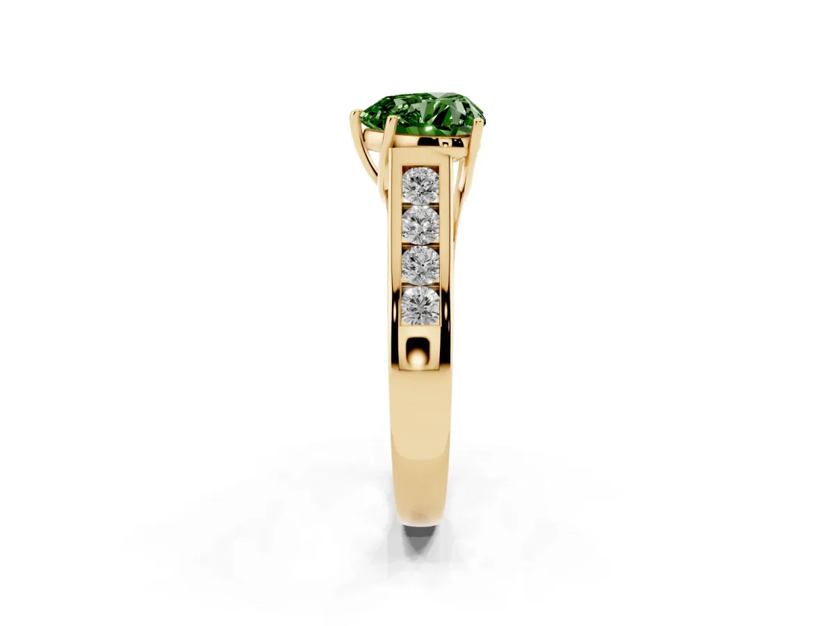 Fancy Green Heart Cut Brilliant Channel-Set Solitaire Ring with Four-Prong Setting Yellow gold