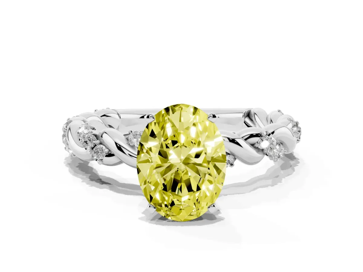 Fancy Yellow Oval Cut Diamond Solitaire Ring with Twisted Band and Pavé Accents White gold
