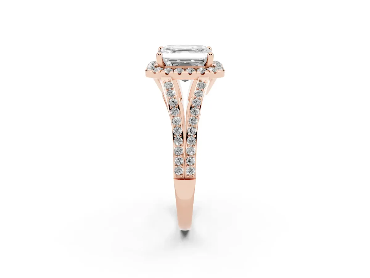 Asscher Cut Halo Split Shank Diamond Ring with Prong Setting Rose gold
