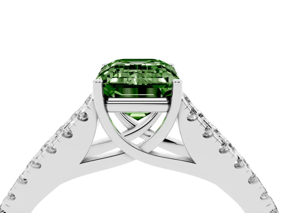Fancy Green Emerald Cut Diamond Split Shank Engagement Ring with Round Pavé and Prong Setting Platinum
