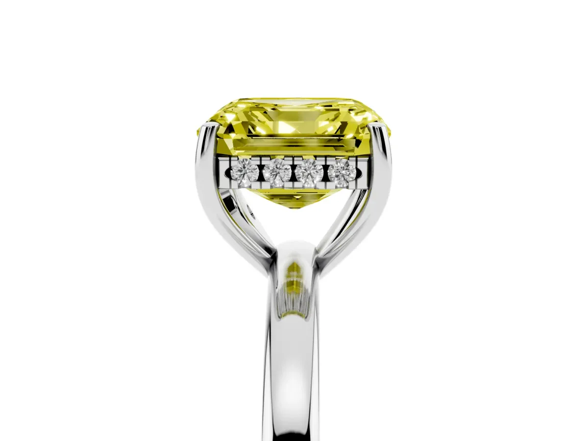 Fancy Yellow Asscher Cut Solitaire Diamond Ring with Prong Setting and Plain Band Platinum
