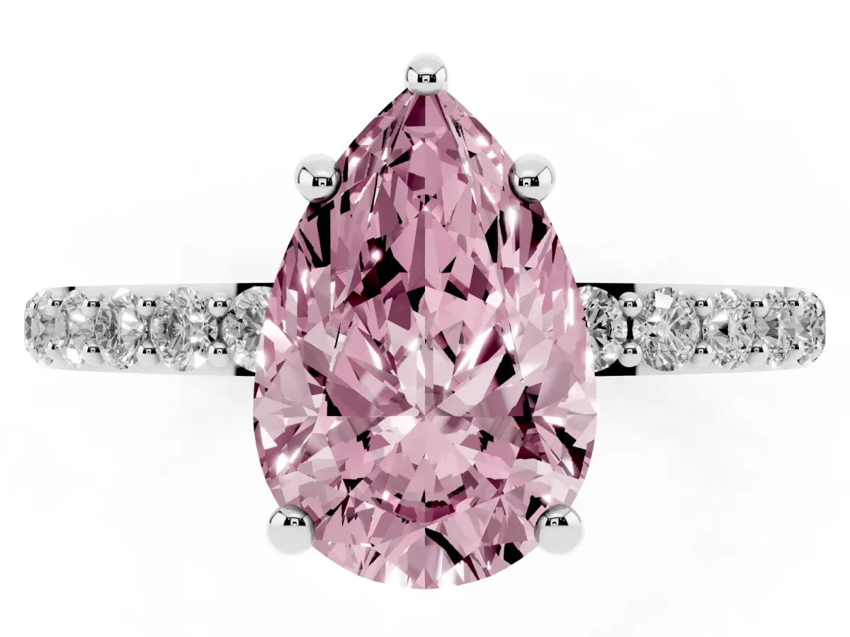 Fancy Pink Pear Cut Diamond Solitaire Ring with Round Pavé Band and Prong Setting Platinum