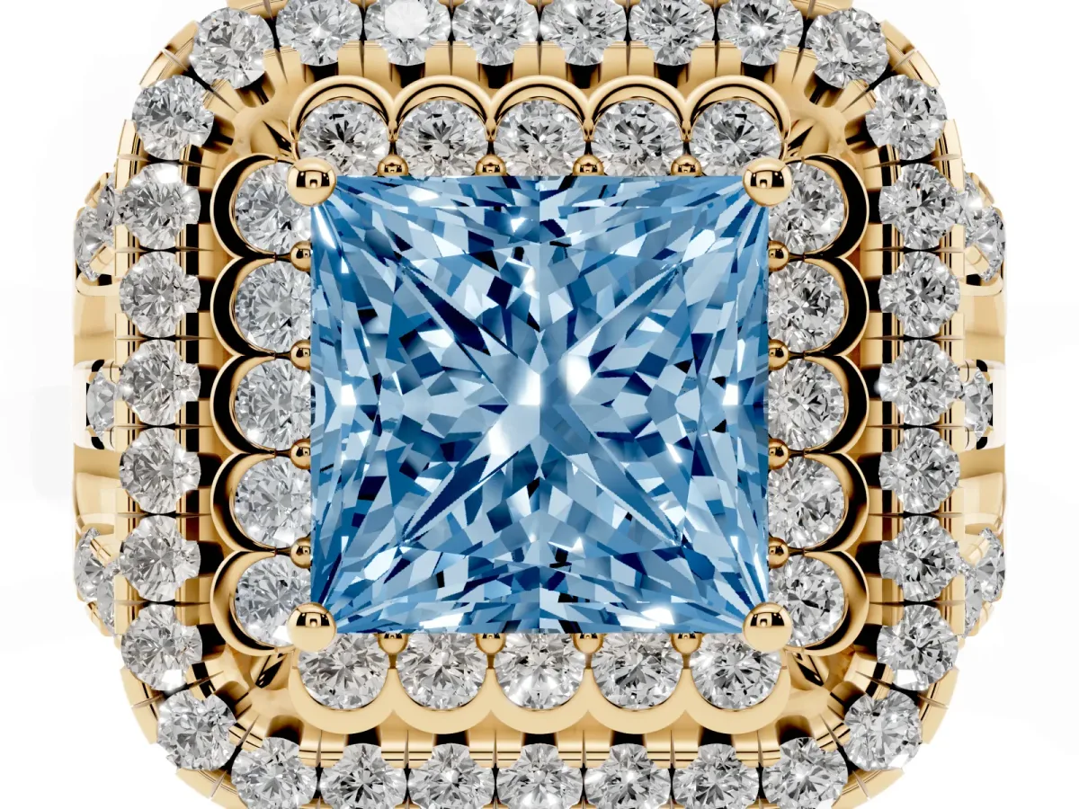 Fancy Blue Princess Cut Diamond Double Halo Ring with Round Pavé Split Shank and Prong Setting Yellow gold