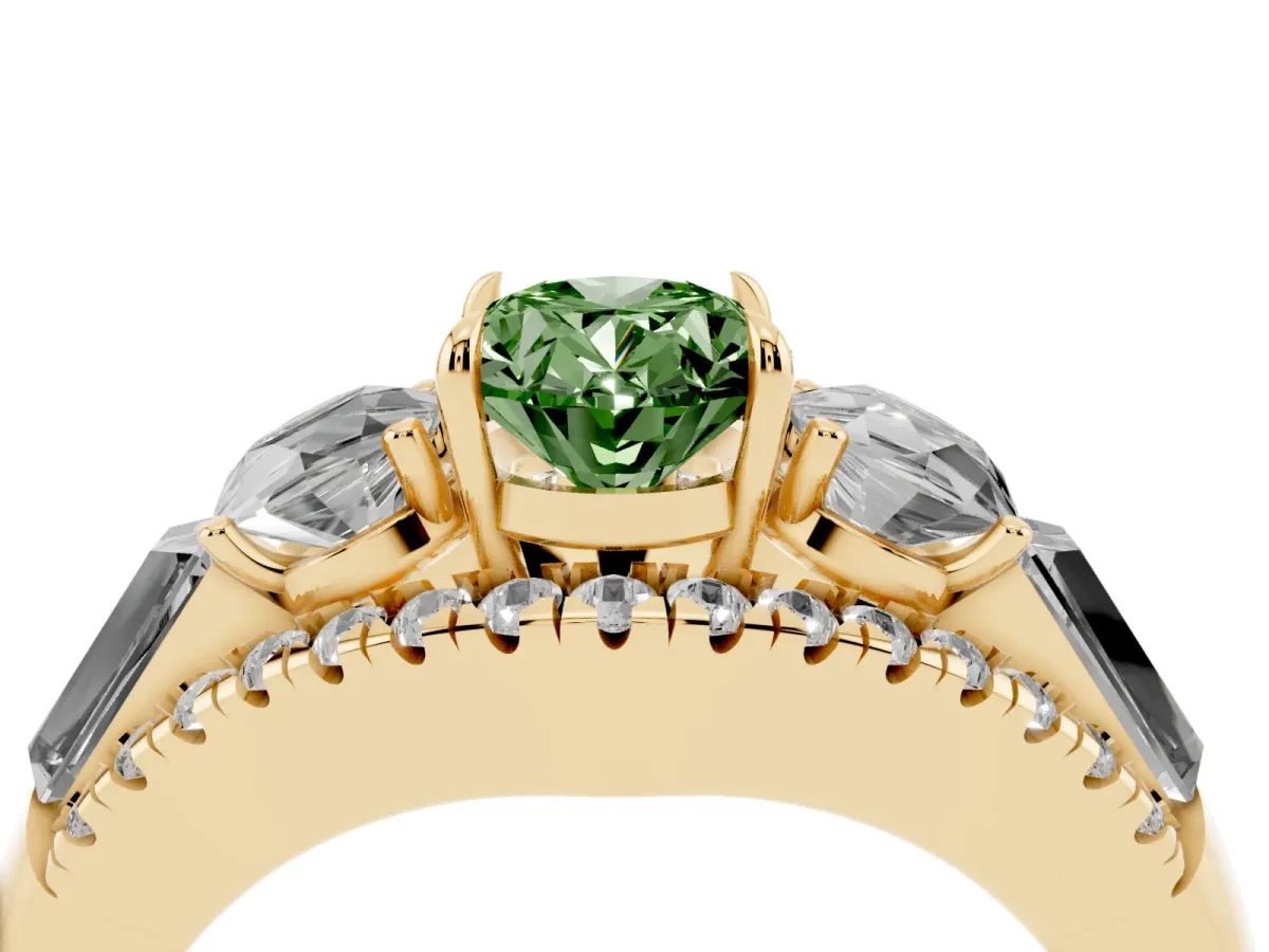 Fancy Green Three-Stone Oval Cut Diamond Engagement Ring with Pave Band and Prong Setting Yellow gold