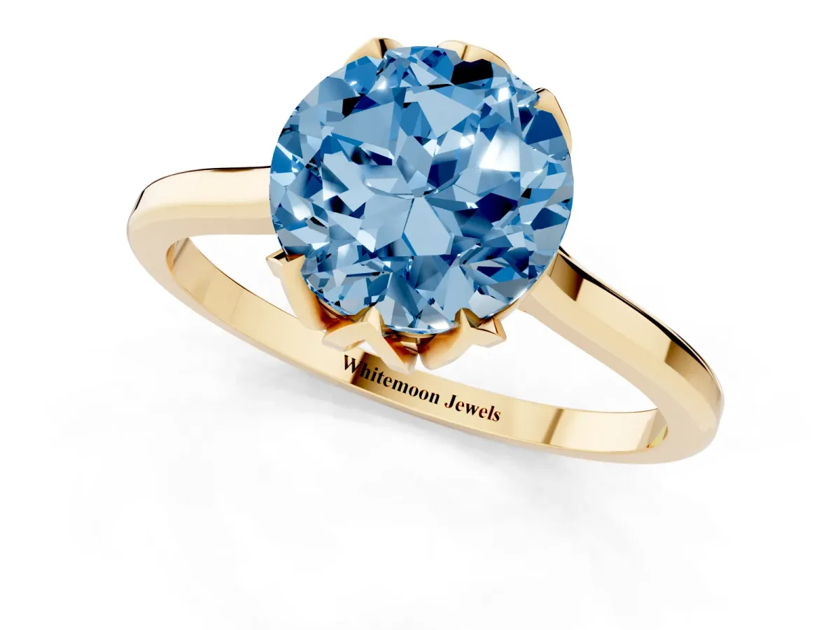 Fancy Blue Round Cut Diamond Solitaire Ring with Flower Prong Setting and Classic Band Yellow gold