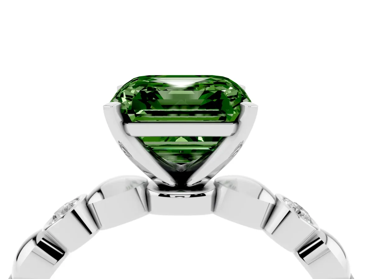 Fancy Green Asscher Cut Solitaire Bezel-Set Diamond Ring with Beaded Band and Four-Prong Setting Silver