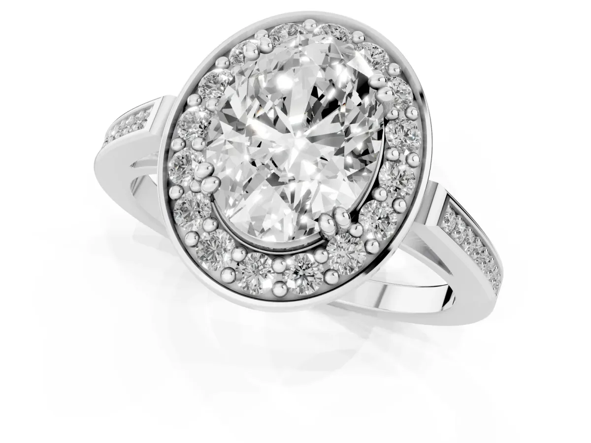 Oval Cut Diamond Halo Ring with Split Shank and Four-Prong Setting Silver