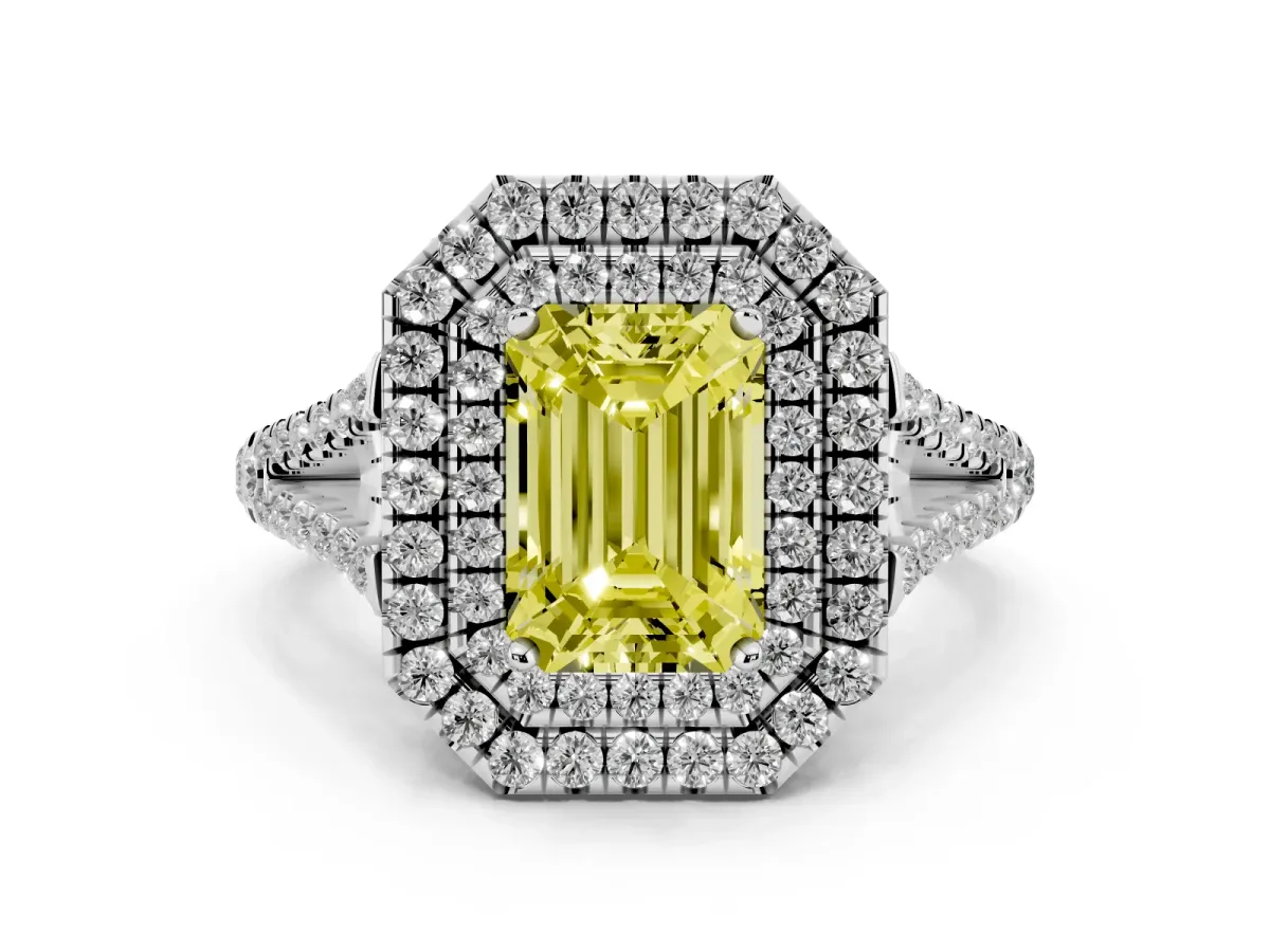 Fancy Yellow Emerald Cut Diamond Double Halo Ring with Pavé Band and Prong Setting Platinum