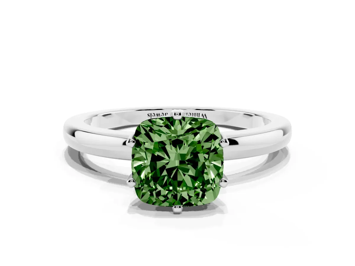 Fancy Green Cushion Cut Solitaire Diamond Ring with Six-Prong Setting on a Classic Band Silver