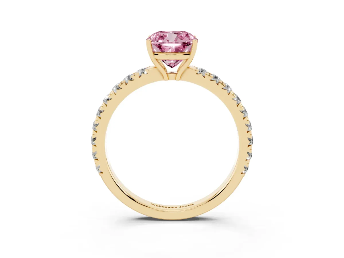 Fancy Pink Cushion Cut Diamond Pavé Solitaire Engagement Ring with Four-Prong Setting Yellow gold