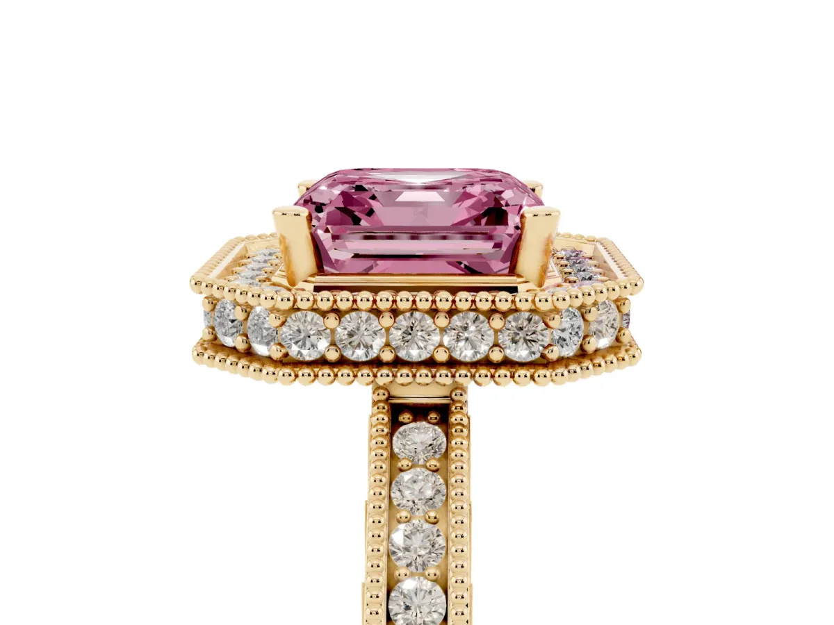 Fancy Pink Asscher Cut Diamond Milgrain Halo Engagement Ring with Round Pavé Band and Prong Setting Yellow gold