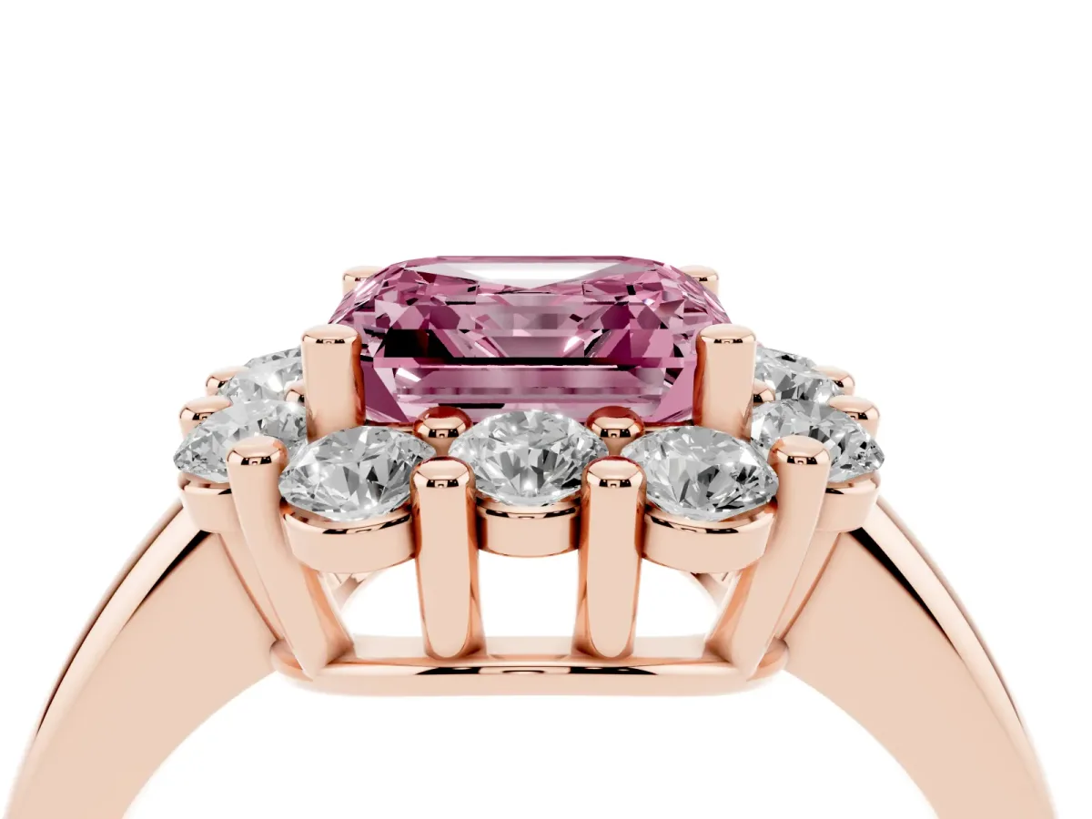 Fancy Pink Asscher Cut Halo Cluster Diamond Engagement Ring with Prong Setting and Polished Band Rose gold
