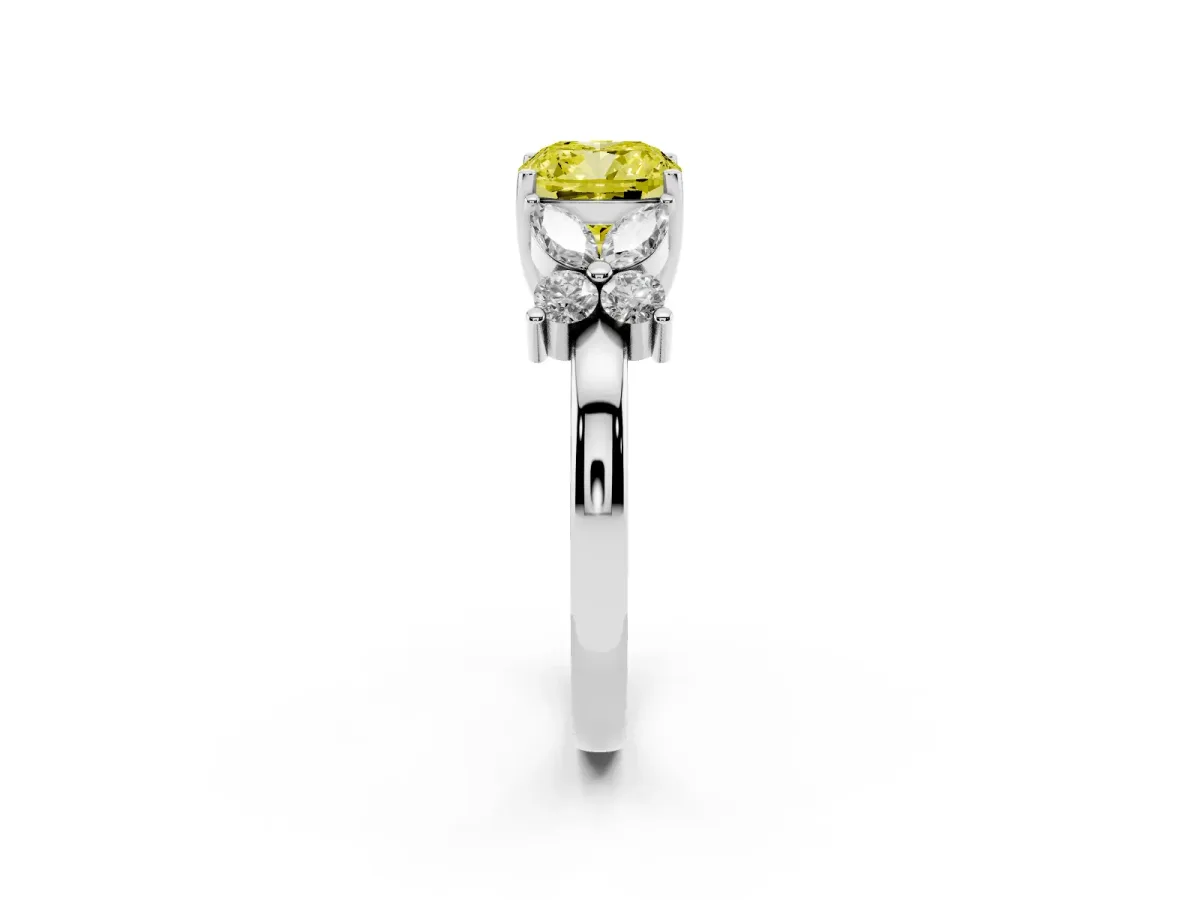 Fancy Yellow Cushion Cut Diamond Floral Cluster Ring with Solitaire Band and Prong Setting Silver