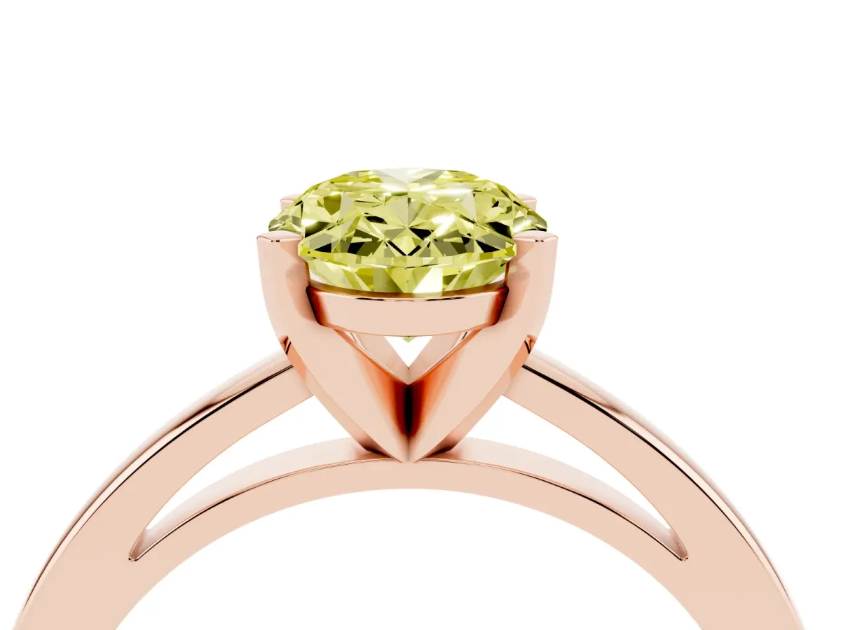 Fancy Yellow Oval Cut Solitaire Diamond Engagement Ring with Four-Prong Setting on a Classic Band Rose gold