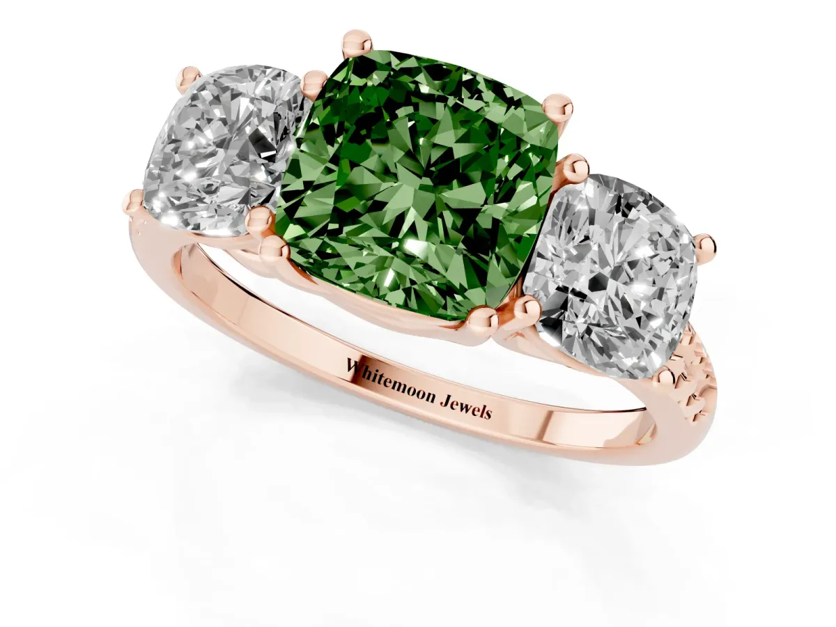 Fancy Green Three-Stone Cushion Cut Diamond Ring with Round Pavé Band and Prong Setting Rose gold