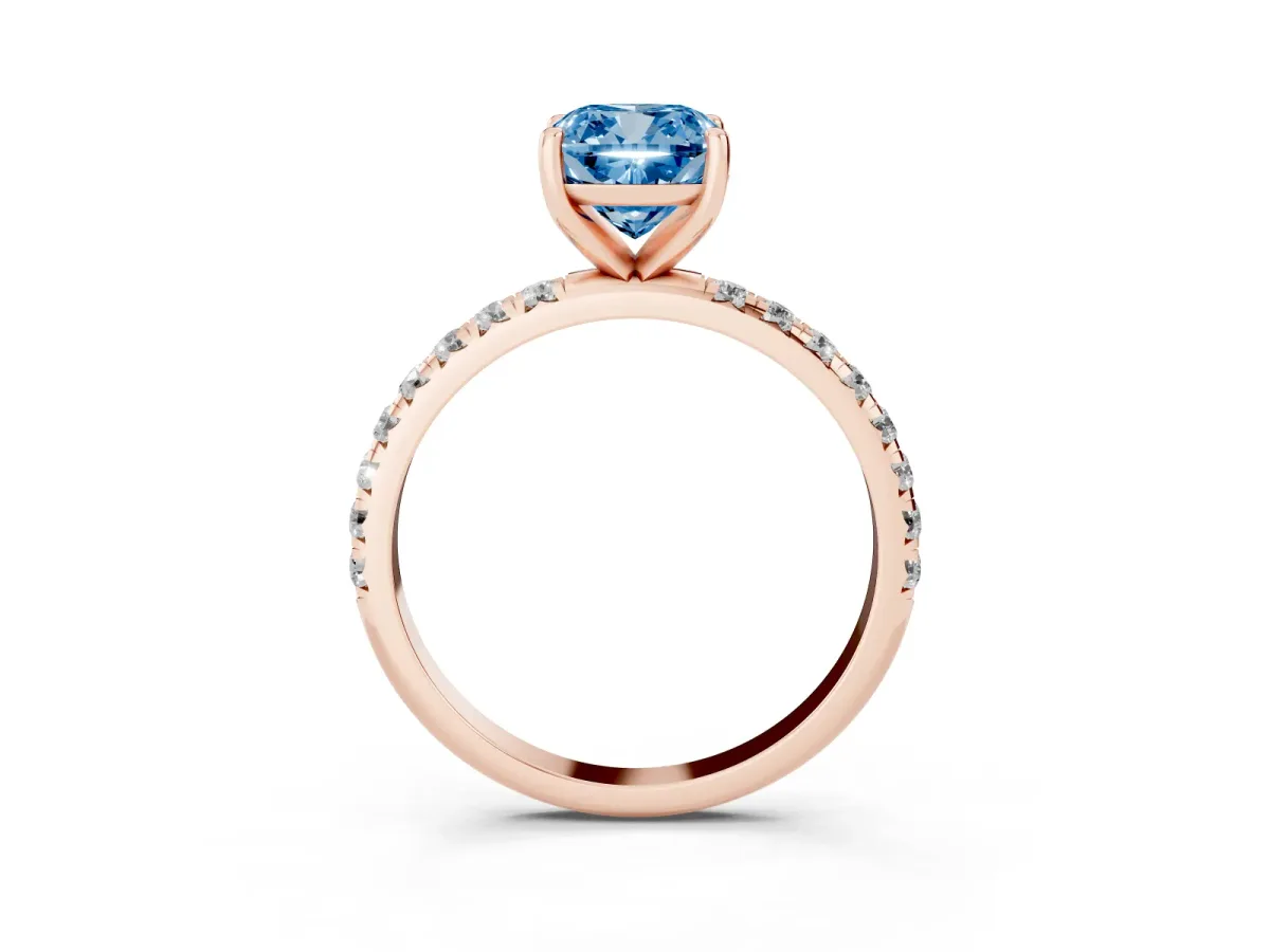 Fancy Blue Cushion Cut Cut Diamond Solitaire Ring with Micro Pave Band and Four Prong Setting Rose gold