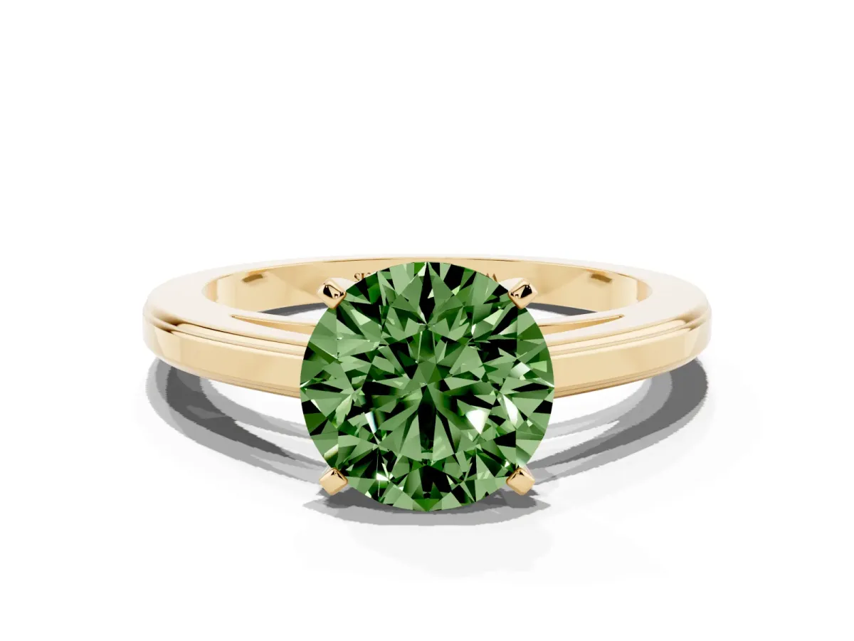 Fancy Green Round Cut Solitaire Diamond Ring with Four-Prong Setting and Classic Band Yellow gold