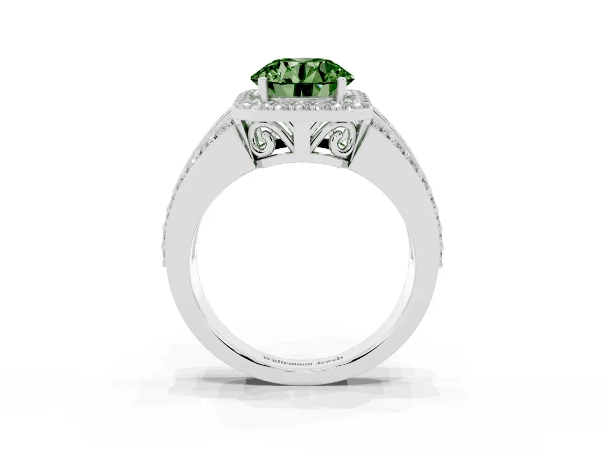 Fancy Green Round Cut Halo Diamond Ring with Round Split Shank and Prong Setting Silver