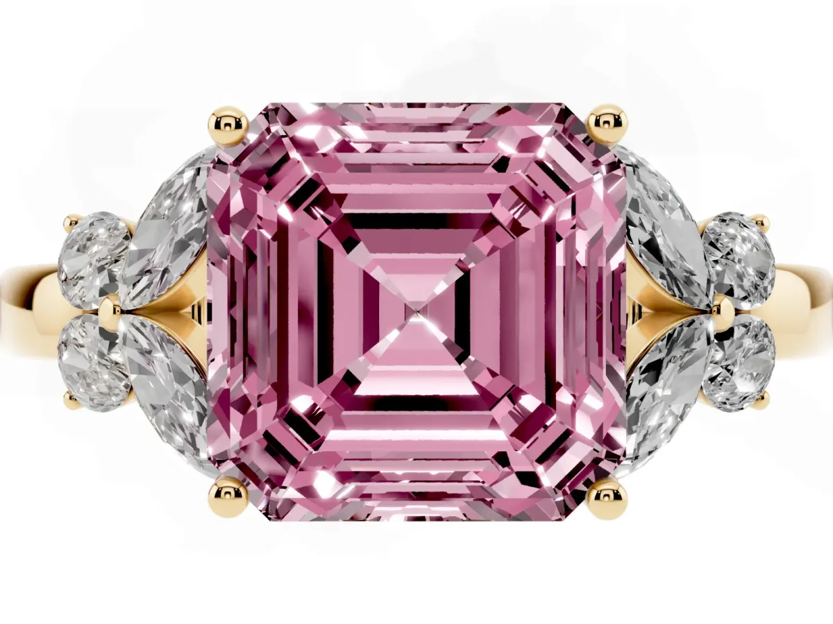 Fancy Pink Asscher Cut Cut Solitaire Floral Diamond Ring with Four-Prong Setting Yellow gold