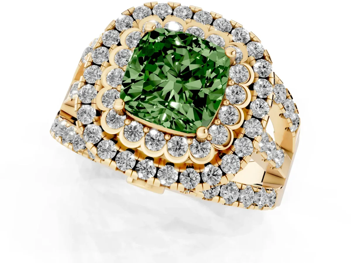 Fancy Green Cushion Cut Diamond Double Halo Ring with Round Pavé Split Shank and Prong Setting Yellow gold