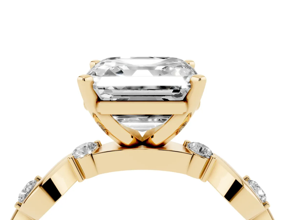 Asscher Cut Diamond Solitaire Twisted Band with Round Accents and Prong Setting Yellow gold