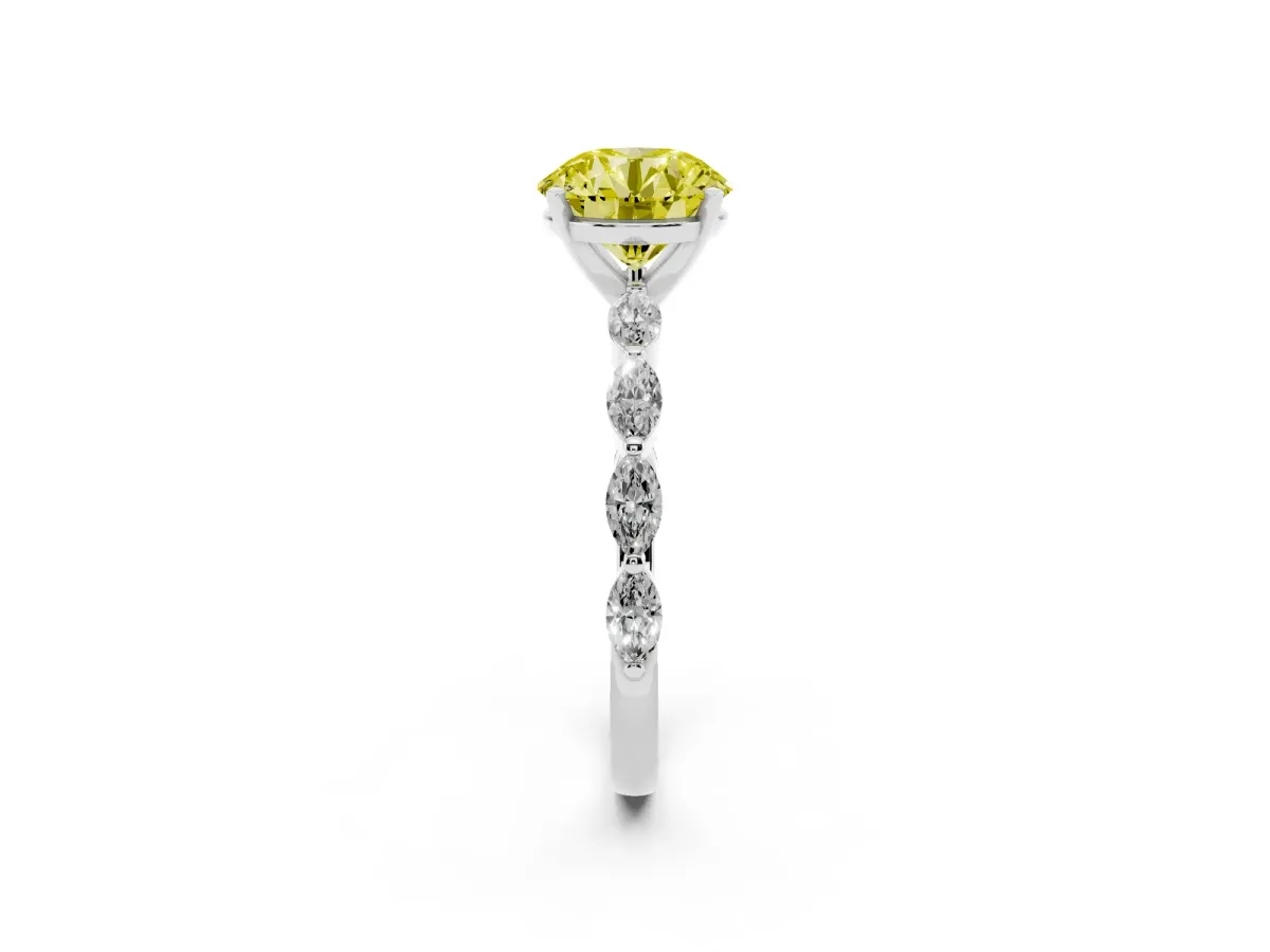 Fancy Yellow Round Cut Diamond Ring with Marquise Side Stones and Prong Setting Silver