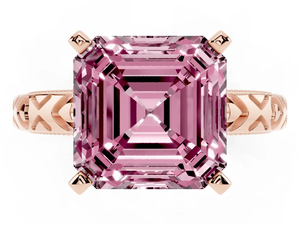 Fancy Pink Asscher Cut Solitaire Diamond Engagement Ring with XO Engraved Band and Four-Prong Setting Rose gold
