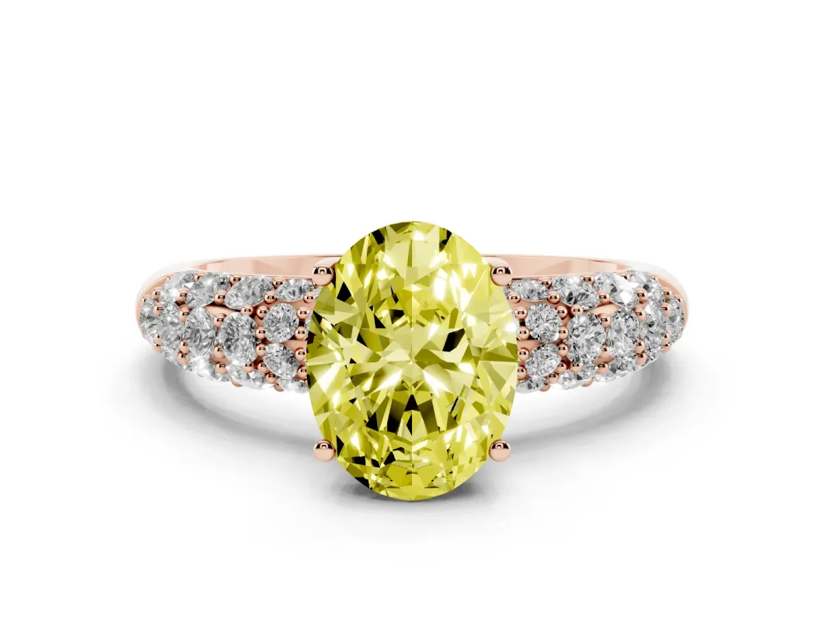 Fancy Yellow Oval Cut Diamond Pavé Band Solitaire Ring with Four-Prong Setting Rose gold