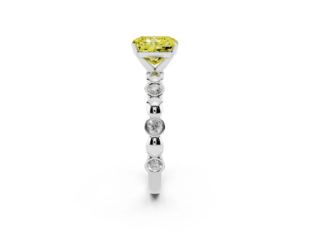 Fancy Yellow Radiant Cut Solitaire Bezel-Set Diamond Ring with Beaded Band and Four-Prong Setting Silver