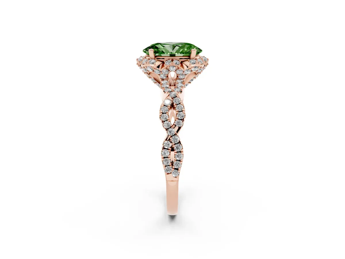 Fancy Green Oval Cut Halo Twist Band Solitaire Ring with Six-Prong Setting Rose gold
