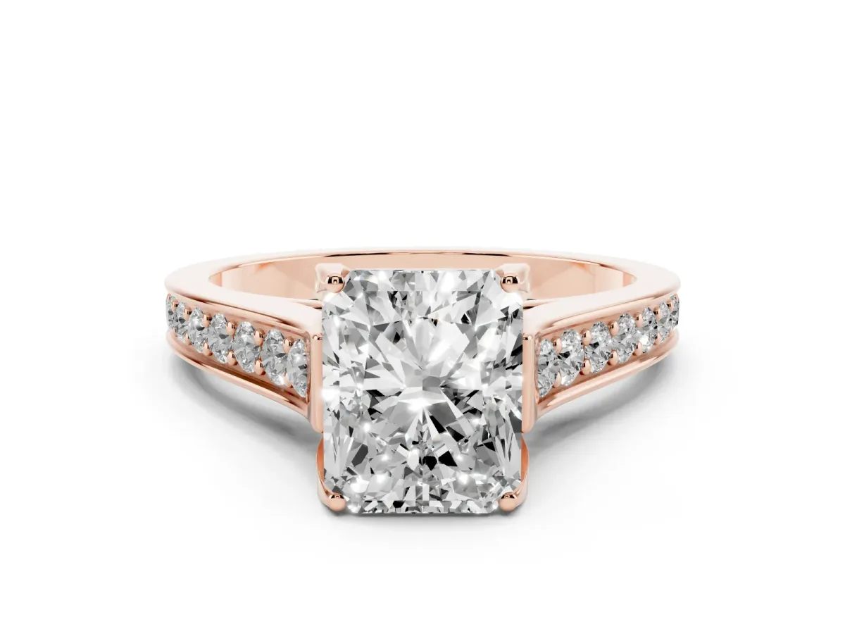 Radiant Cut Brilliant Cut Diamond Engagement Ring with Pavé Band and Four-Prong Setting Rose gold