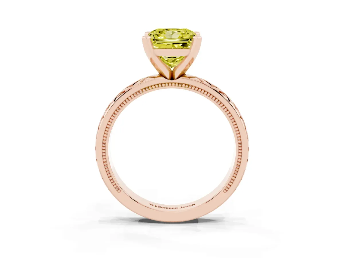 Fancy Yellow Princess Cut Solitaire Diamond Ring with Milgrain and Black Enamel X Pattern Band Rose gold