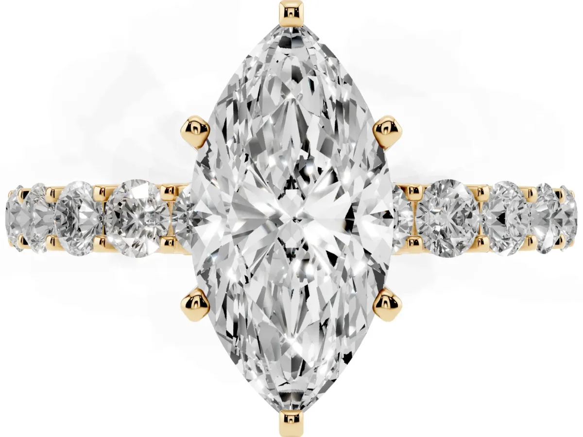 Marquise Cut Diamond Solitaire Ring with Shared Prong Pavé Band and Four-Prong Setting Yellow gold
