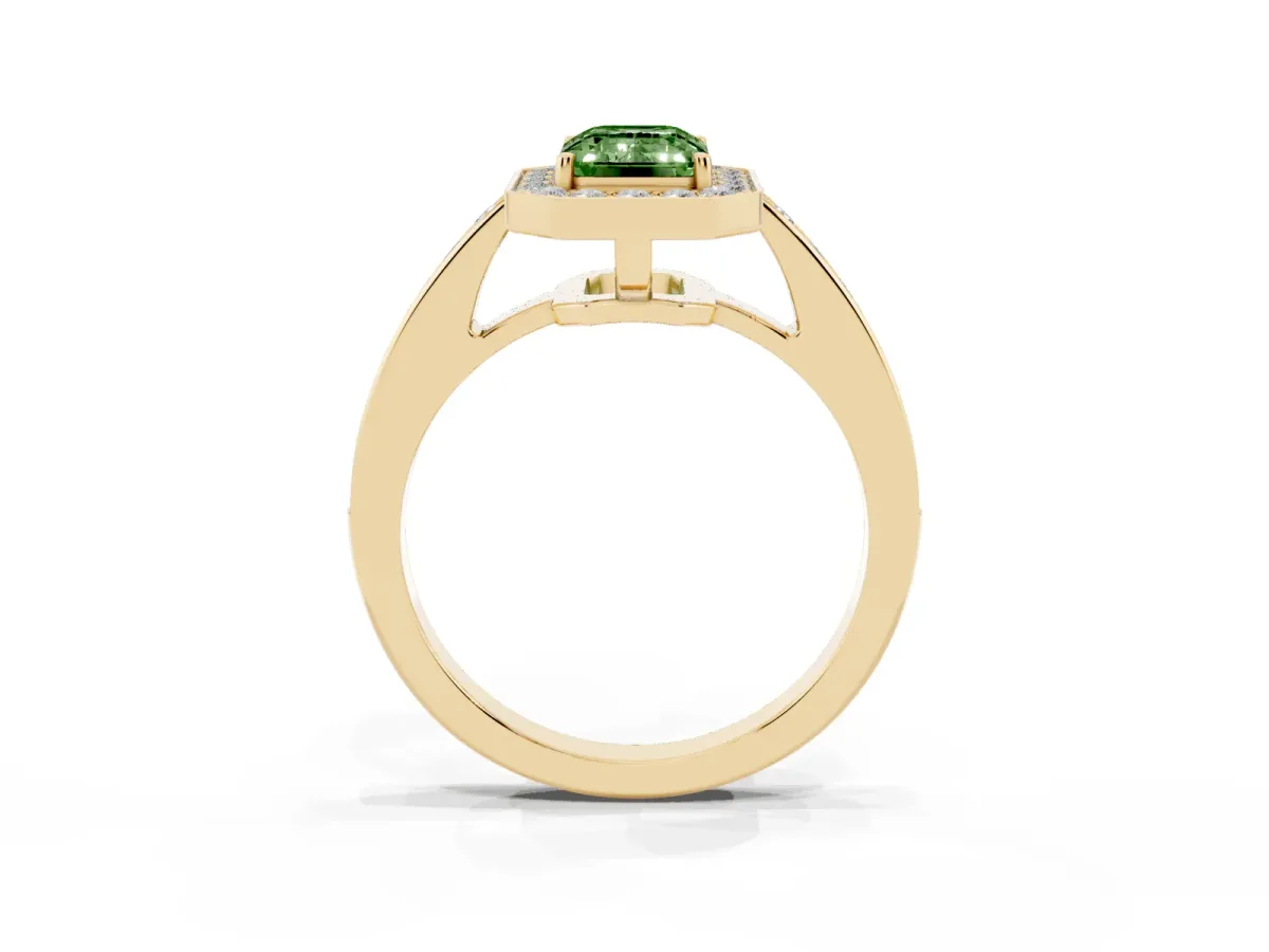 Fancy Green Emerald Cut Halo Pavé Diamond Engagement Ring with Bezel Setting Yellow gold