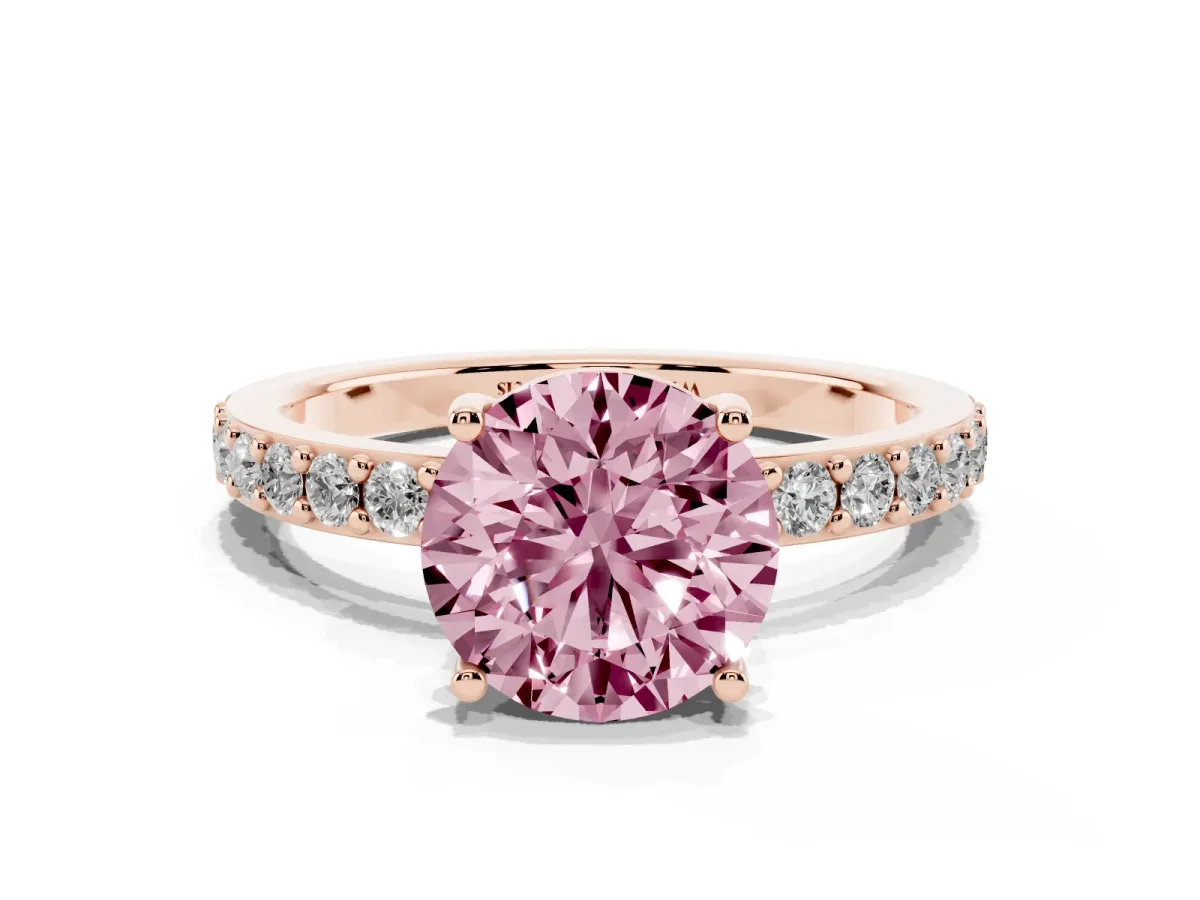 Fancy Pink Round Cut Cut Diamond Solitaire with Pave Band and Four-Prong Setting Rose gold