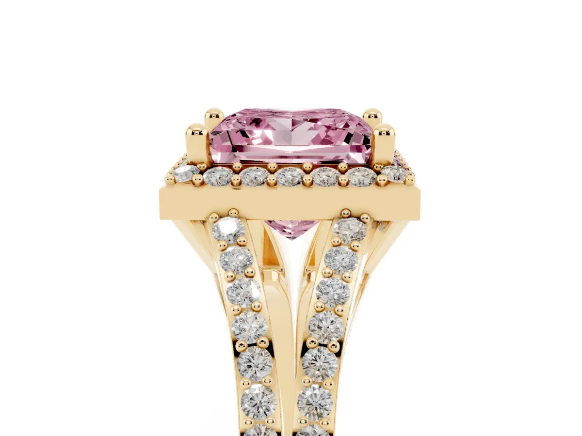 Fancy Pink Princess Cut Halo Split Shank Pave Diamond Ring with Four-Prong Setting Yellow gold