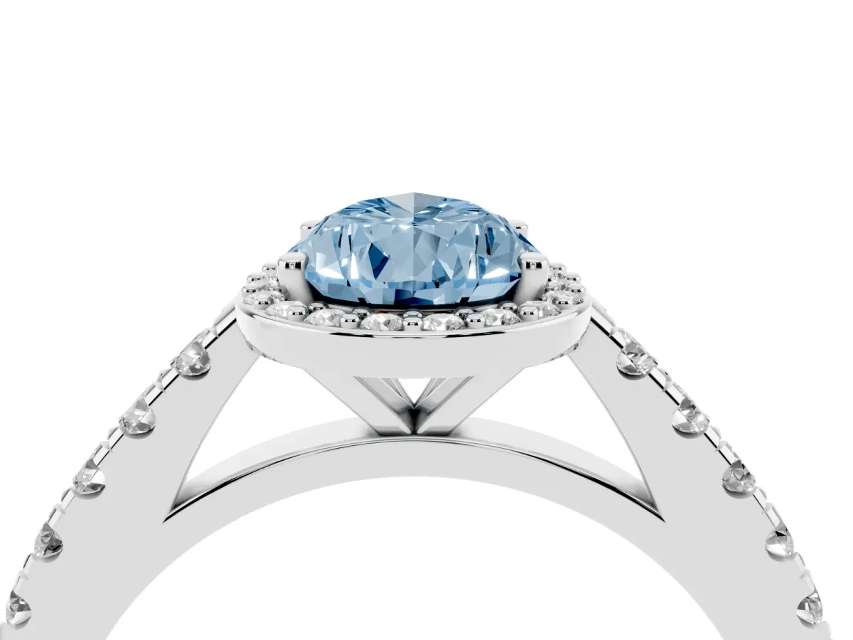 Fancy Blue Pear Cut Cut Halo Diamond Engagement Ring with Pave Band and Four-Prong Setting Platinum
