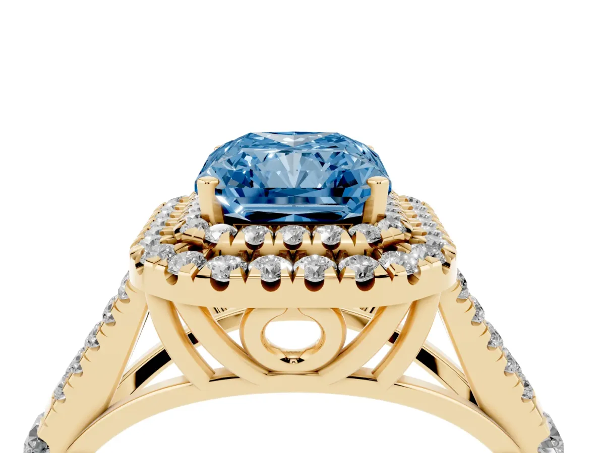 Fancy Blue Radiant Cut Diamond Pavé Split Shank Double Halo Engagement Ring Yellow gold