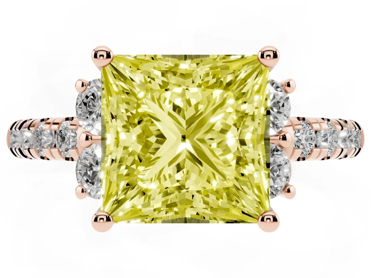 Fancy Yellow Princess Cut Diamond Three-Stone Pave Band with Four-Prong Setting Rose gold