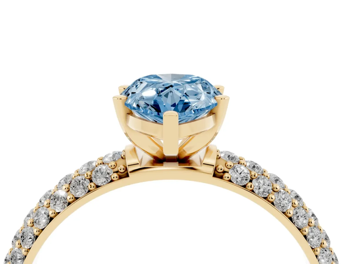 Fancy Blue Pear Cut Diamond Solitaire Ring with Prong Setting and Pavé Band Yellow gold