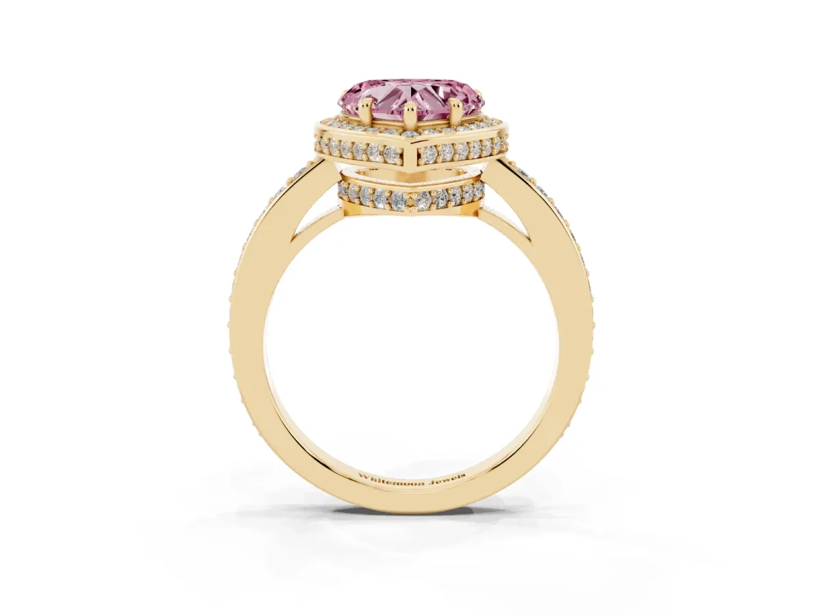 Fancy Pink Heart Cut Halo Pave Band Solitaire Ring with Prong Setting Yellow gold