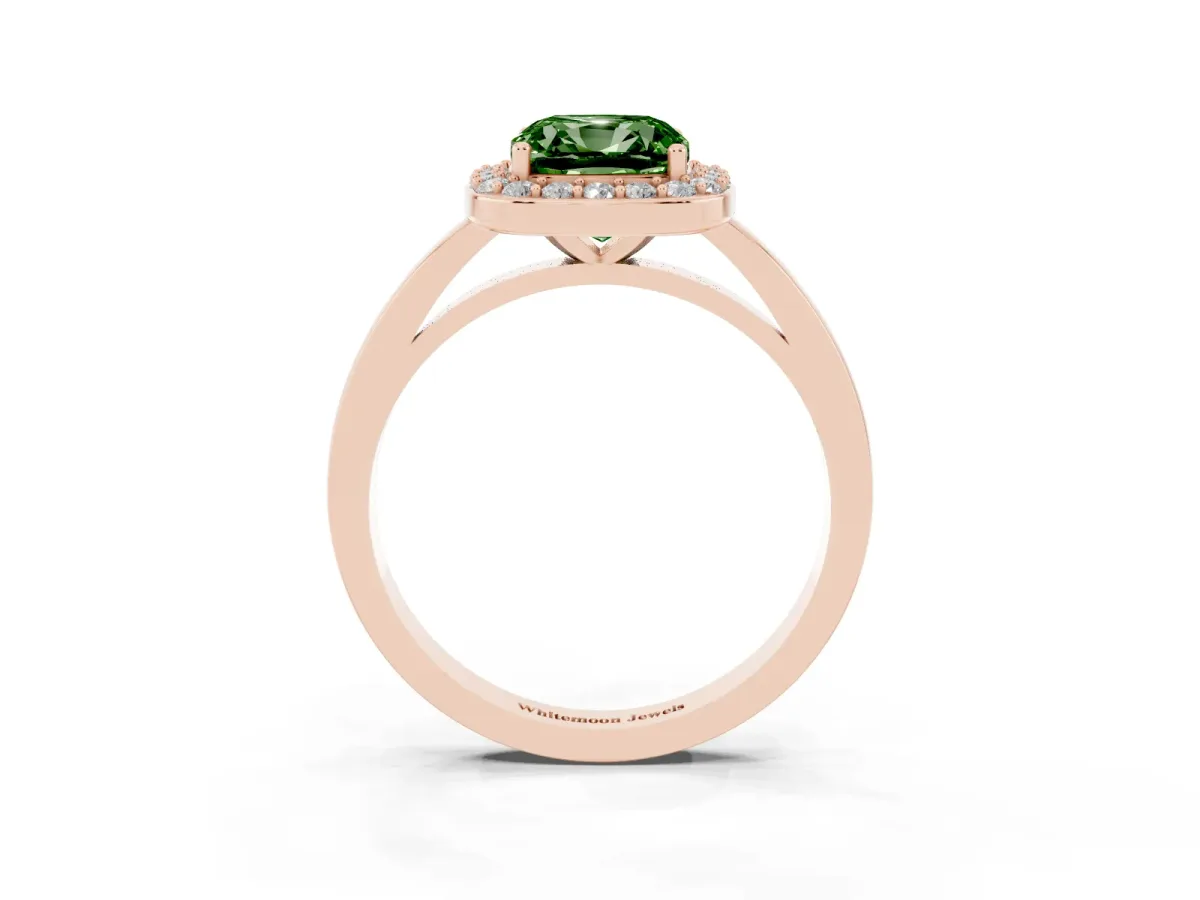 Fancy Green Cushion Cut Halo Diamond Ring with Solitaire Band and Prong Setting Rose gold
