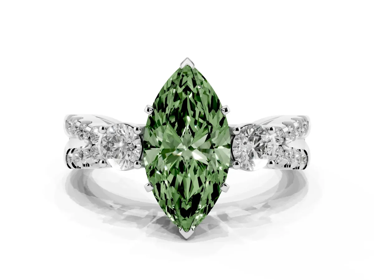 Fancy Green Marquise Cut Diamond Three-Stone Ring with Pavé Split Shank and Four-Prong Setting Silver