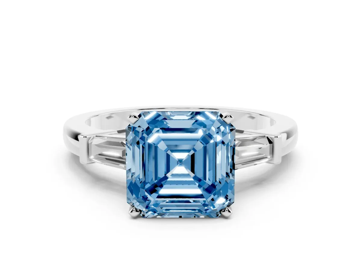 Fancy Blue Asscher Cut Cut Diamond Solitaire Ring with Tapered Baguette Accents and Four-Prong Setting White gold